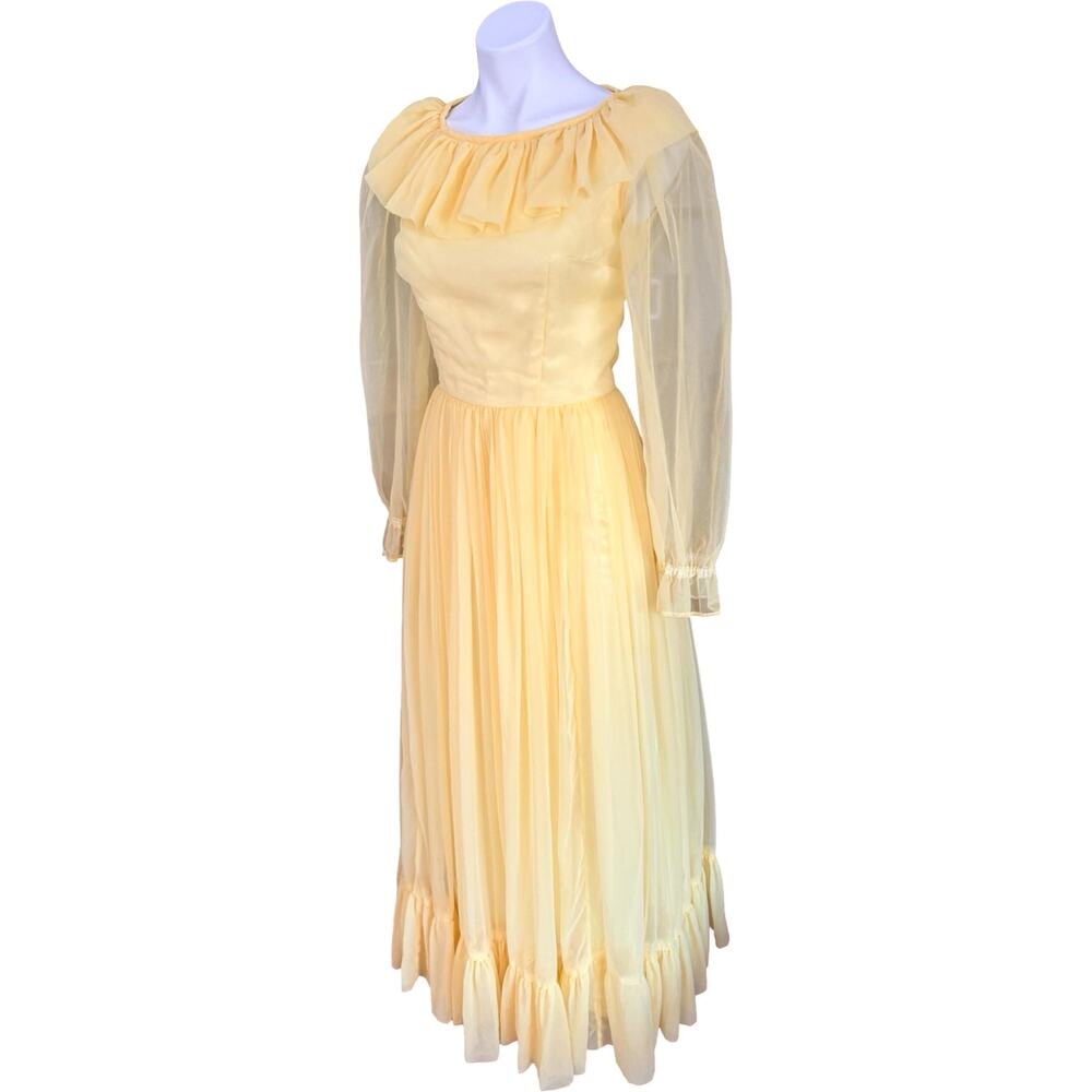 Vintage 1970 Butter Yellow Chiffon Ruffle Gown Full Sweep Overlay Bishop Sleeve - Picture 5 of 10